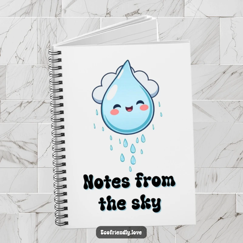 Funny water droplet character gleefully sliding down a cloud, adorning a notebook for humorous note-taking.