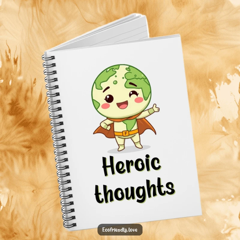 Funny Earth character with a wide grin doing a superhero pose with a cape, on the cover of a heroic and funny notebook.