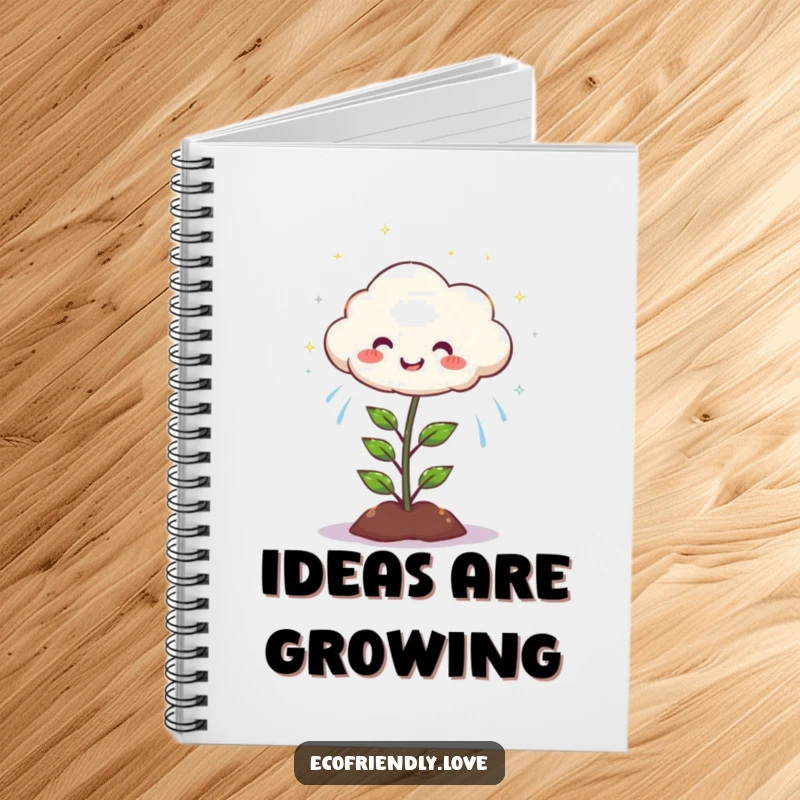 Funny notebook cover features a round, happy cloud character raining sparkling, happy drops onto a joyful plant.