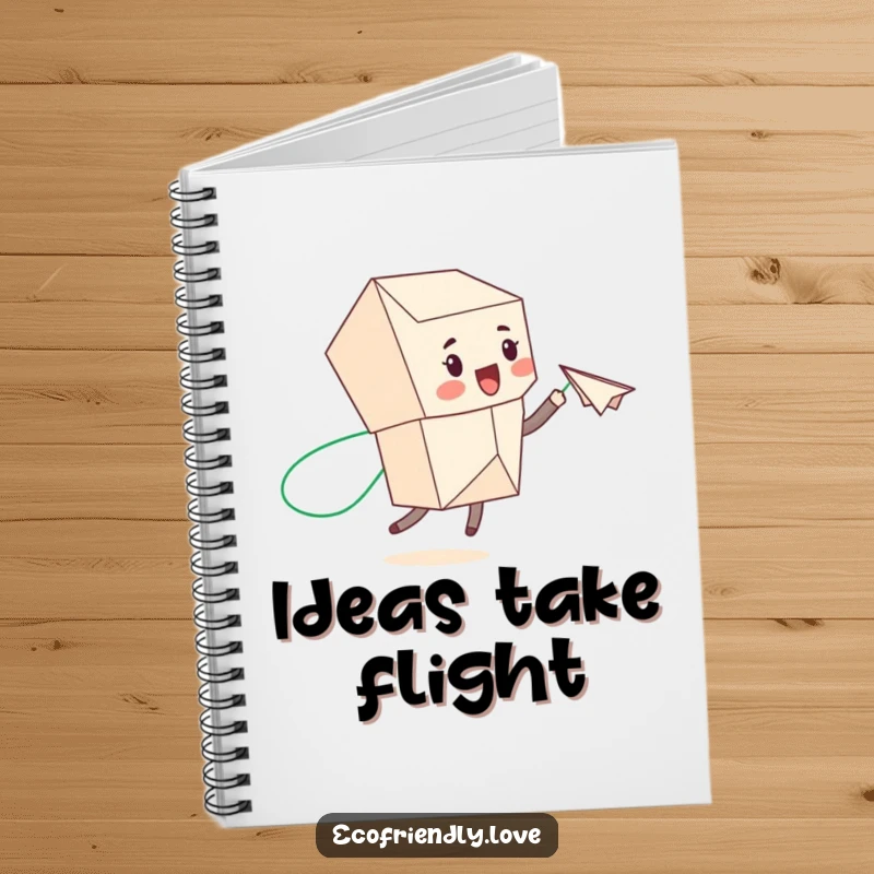 Funny recycled paper character launching a paper airplane with a green trail, on the cover of a notebook, for eco-conscious creatives.