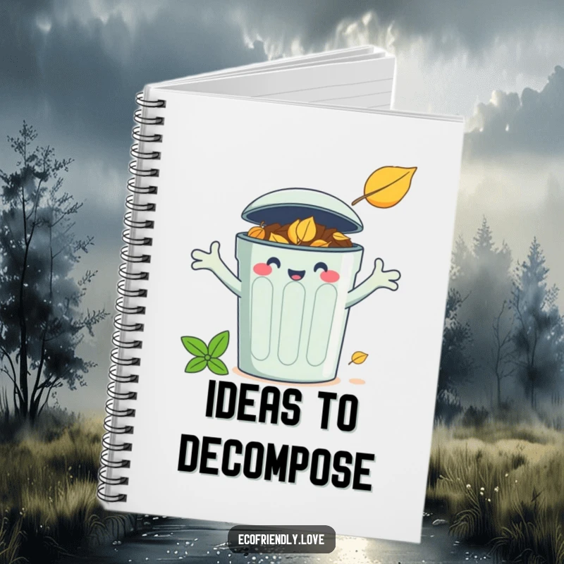 Funny notebook cover features a happy compost bin character embracing a fallen leaf, ideal for eco-friendly notes.