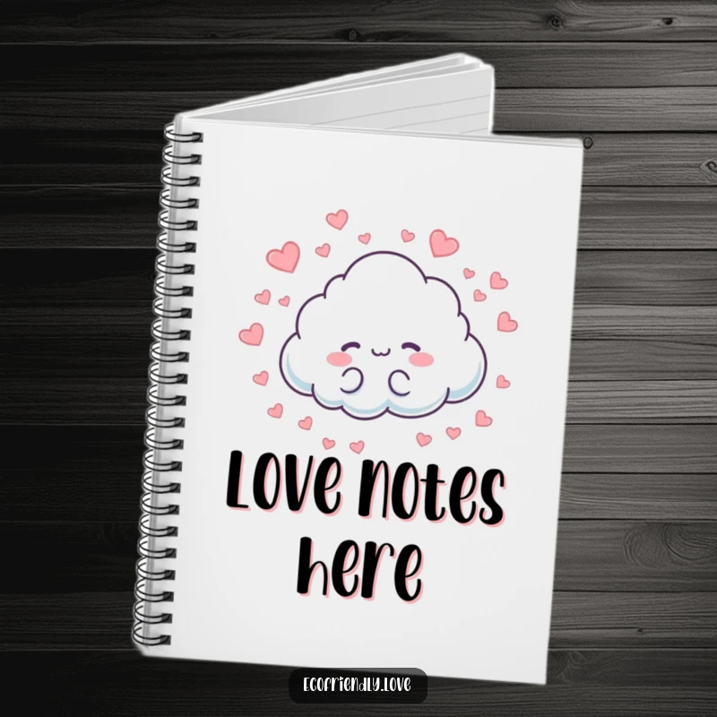 Funny notebook featuring a cloud character raining tiny hearts, perfect for love notes. A cute and thoughtful gift.