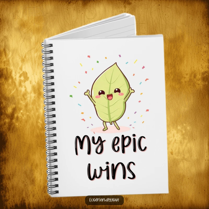 Funny Leaf Notebook: A kawaii leaf character humorously doing a victory dance amidst confetti, ideal for writing happy thoughts.