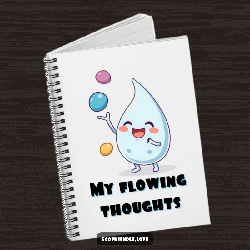 Funny notebook with a joyful water droplet character juggling pebbles, ideal for notes and creative writing.