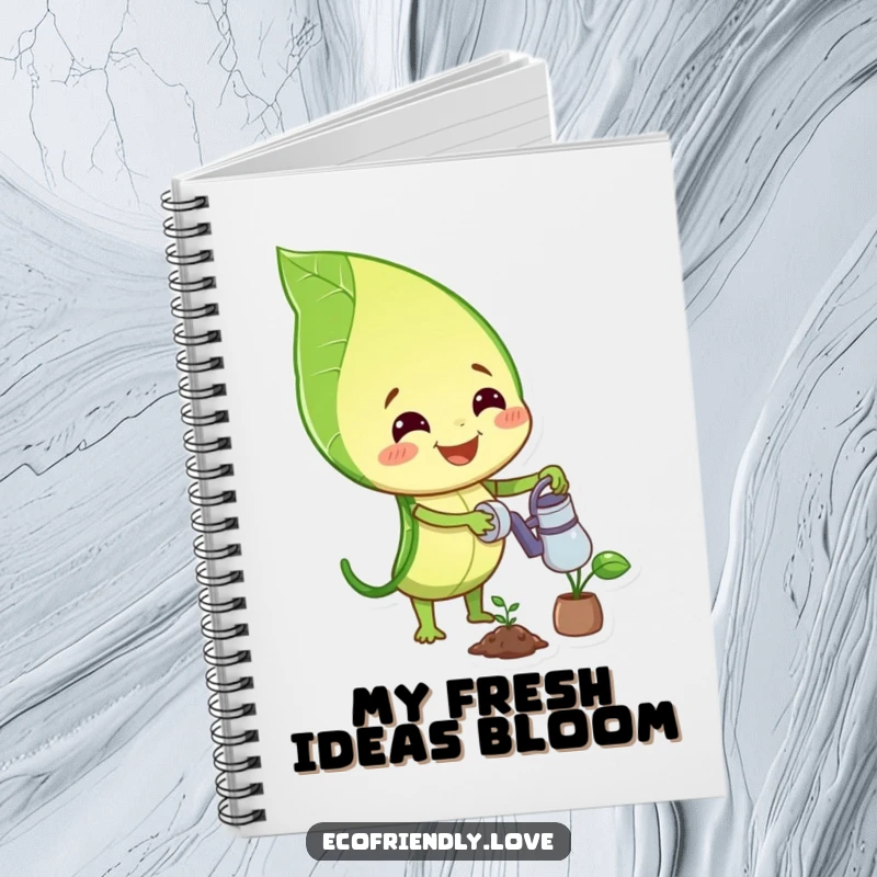 Funny notebook with a smiling leaf character watering a small plant, ideal for journaling gardening tips or daily thoughts.