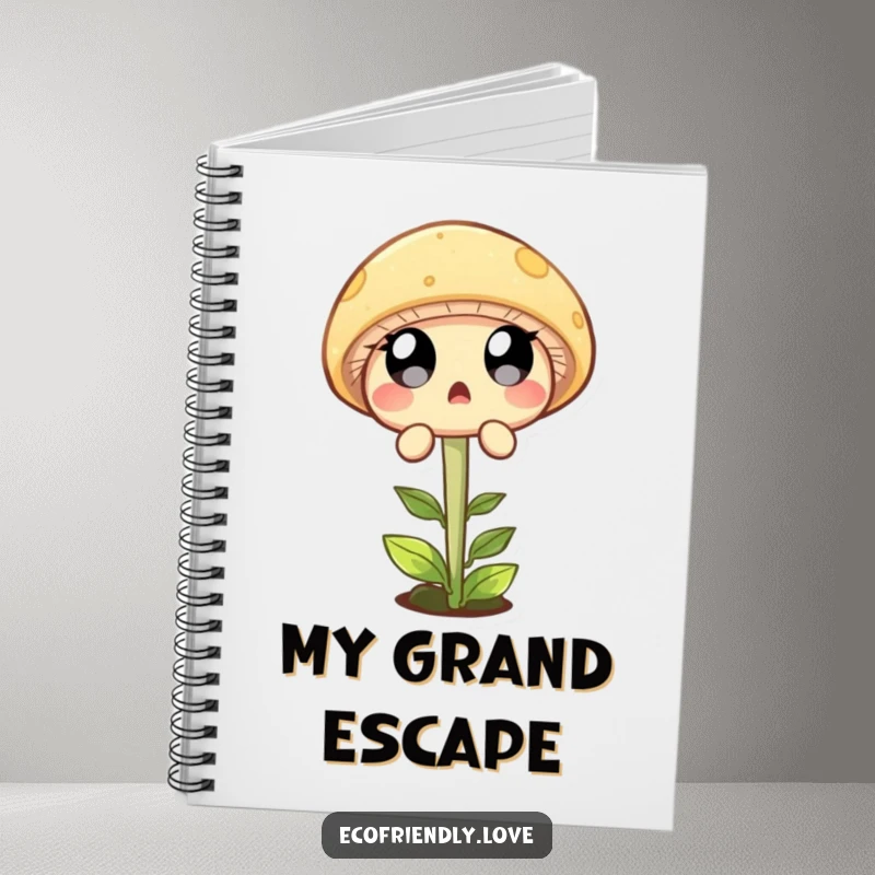 Funny notebook cover shows a round mushroom character with surprised eyes jumping over a tiny sprout, perfect for notes.