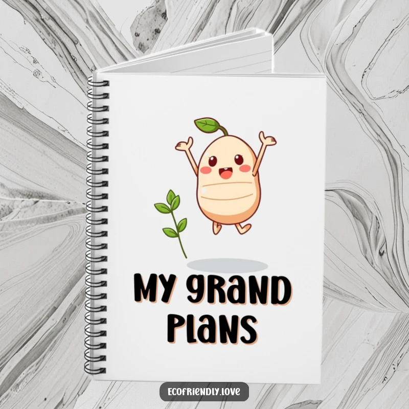 Funny Kawaii Seed Notebook: A triumphant seed character jumps with a sprout, ready to inspire growing ideas.
