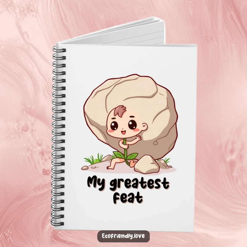 Funny Seedling Notebook: A determined kawaii seedling character humorously pushing a giant boulder, ideal for writing goals.