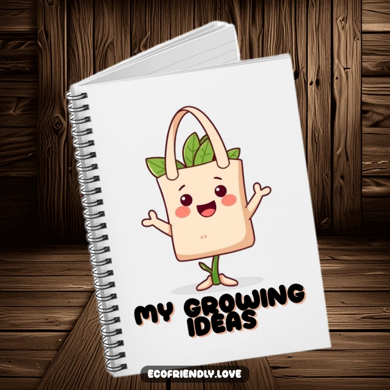 Funny plant tote hat notebook featuring a happy character playfully wearing a reusable tote bag as a hat, perfect for jotting ideas with eco-style.