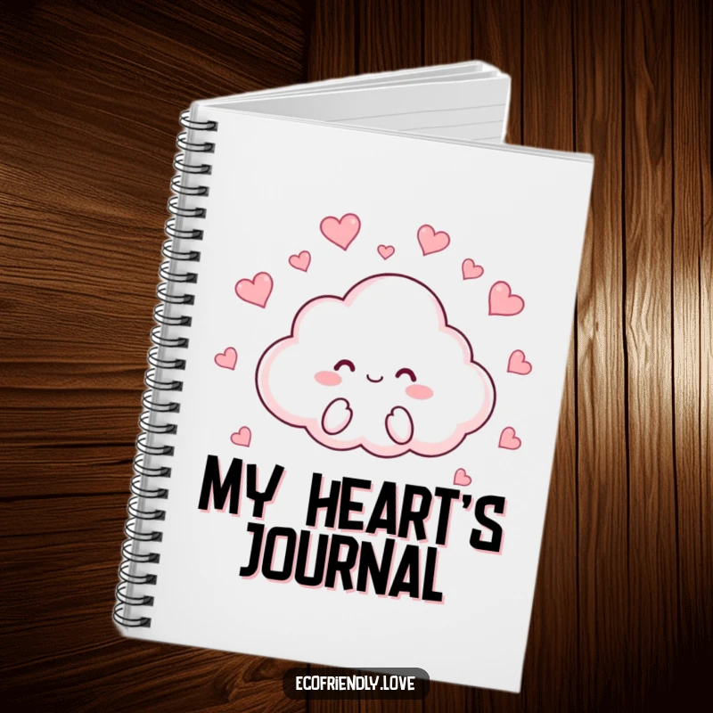 Funny notebook with a cloud character playfully raining tiny red hearts, ideal for writing, drawing, and expressing feelings.