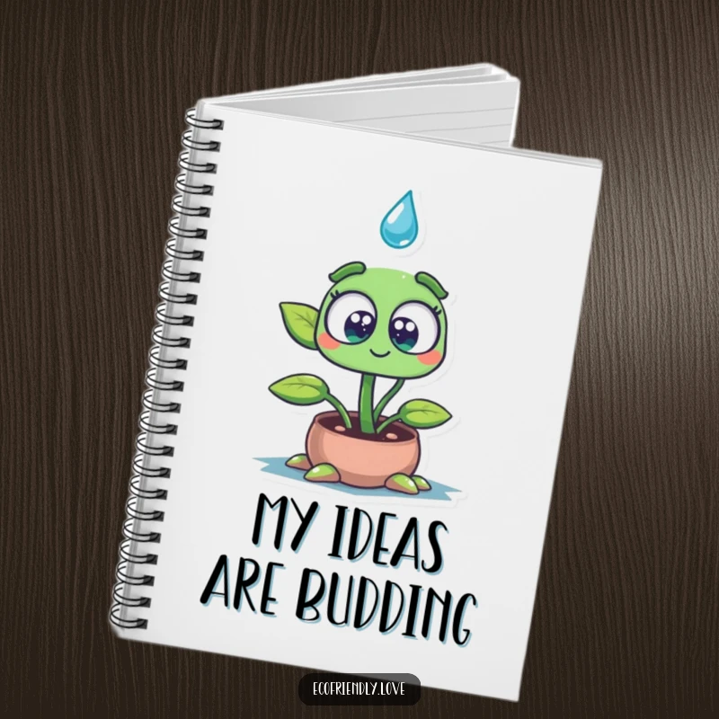 Funny notebook cover with a wide-eyed plant seedling character looking up in wonder while absorbing a water drop, inspiring thoughtful note-taking.