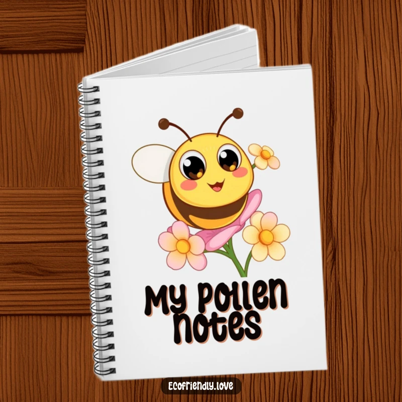 Funny notebook cover features a cute, round bee with big happy eyes buzzing around a blooming flower.