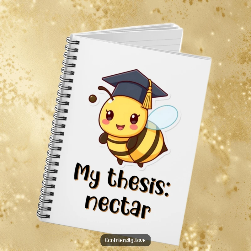 Funny kawaii bee with a graduation cap, buzzing with inspiration on a notebook, a humorous tool for ideas.