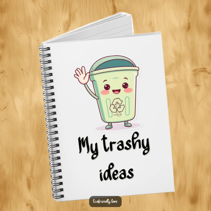 Funny notebook with a recycling bin character waving hello, providing a fun space for notes and eco-friendly thoughts.