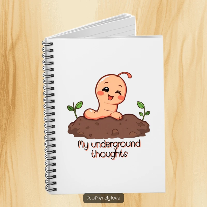 Funny notebook with a cover of a giggling earthworm character peeking out from soil, ideal for journaling and notes.