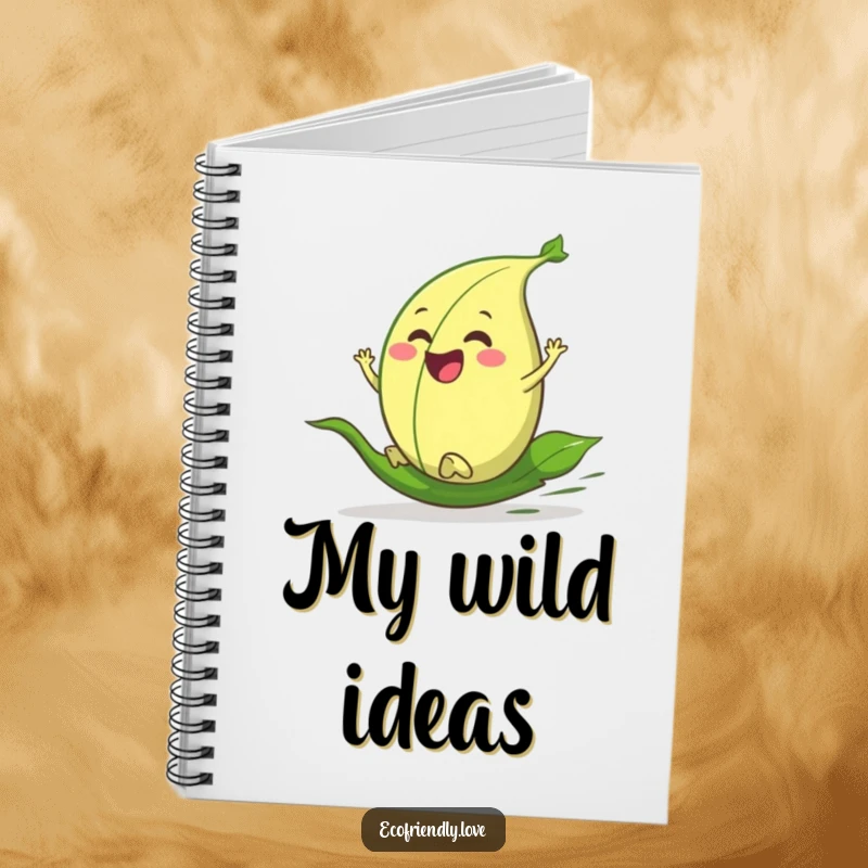 Funny notebook with a cover featuring a happy leaf character energetically rolling down a hill, perfect for jotting down ideas.