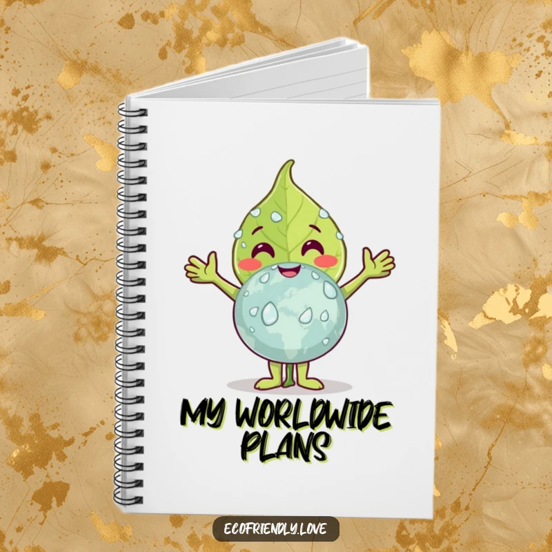 Funny leaf notebook featuring a joyful leaf character embracing a dew-covered globe, ideal for note-taking with a message of environmental care.