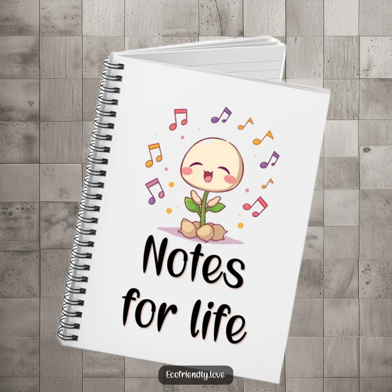 Funny singing seedling notebook with musical notes, eyes closed in delight, for writing music, a creative funny gift.