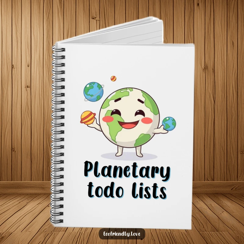 Funny kawaii Earth character, goofily grinning and juggling three small planets, featured on the cover of a unique notebook.