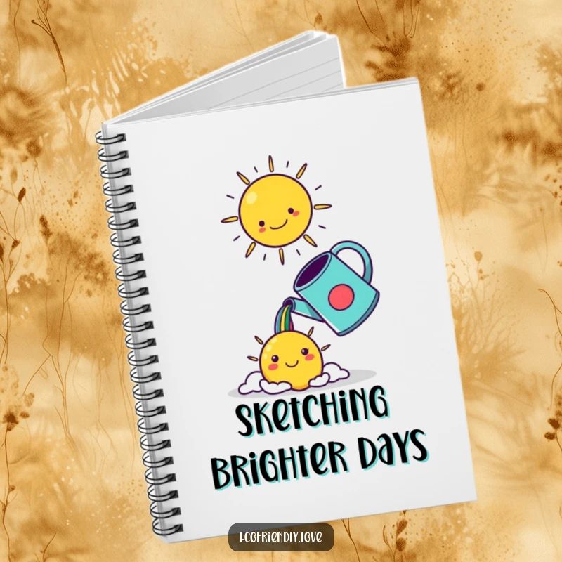 Funny kawaii watering can pouring a rainbow into a smiling sun, featured on the cover of a delightful notebook.