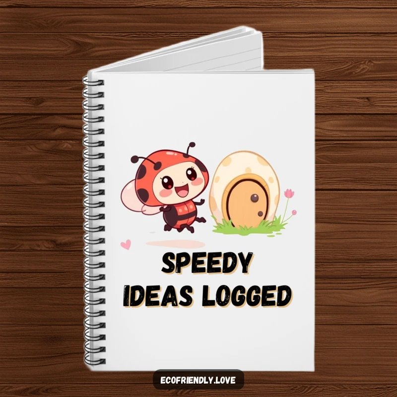 Funny notebook cover featuring an excited ladybug character zooming past a smiling mushroom house, capturing garden whimsy.