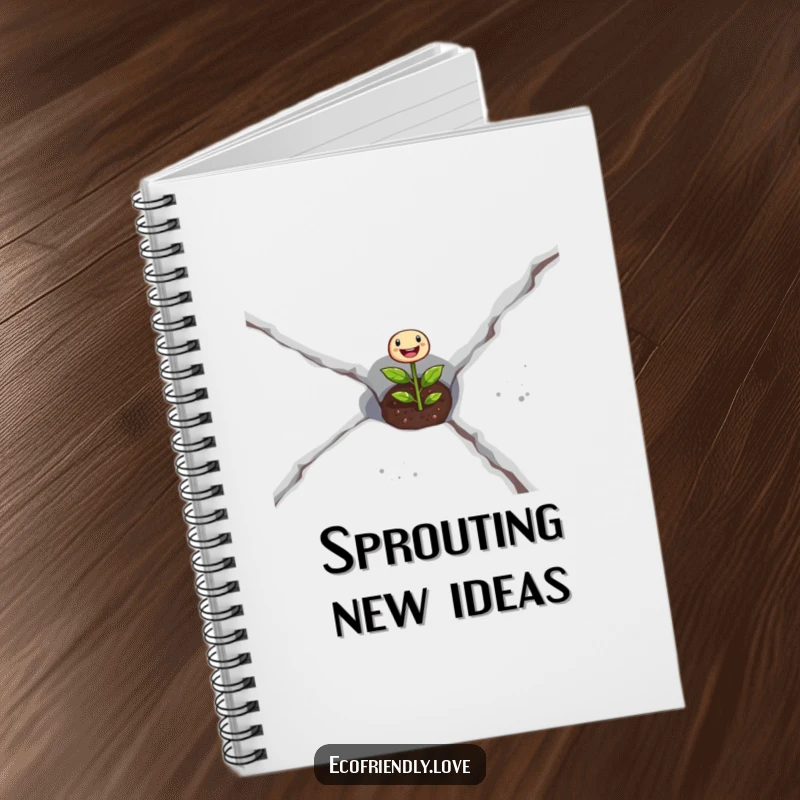 Funny seedling notebook with a determined sprout breaking through concrete, perfect for jotting down growth-oriented ideas.
