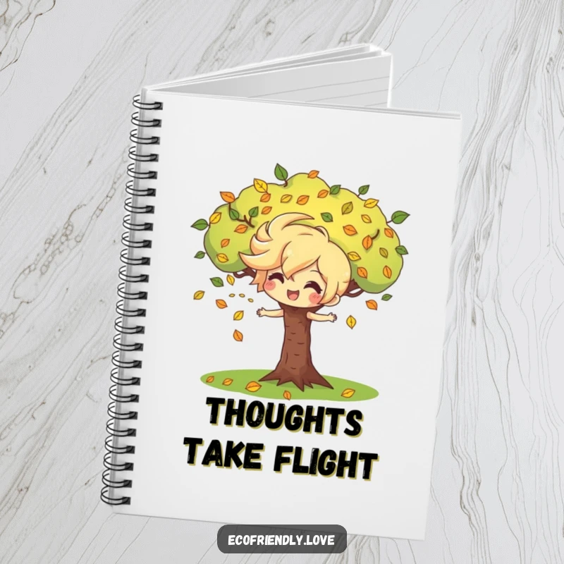 Funny notebook with a playful wind character blowing leaves around a cheerful tree, ideal for jotting down creative ideas and nature-inspired thoughts.