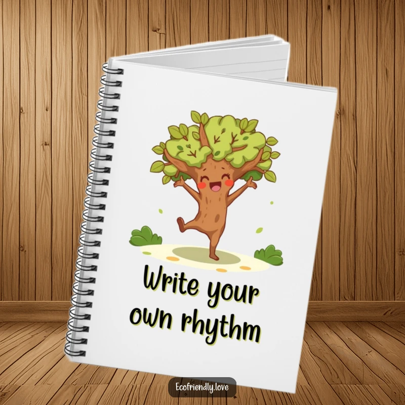 Funny tree character doing a joyful, energetic dance, adorning a notebook for lively and humorous note-taking.