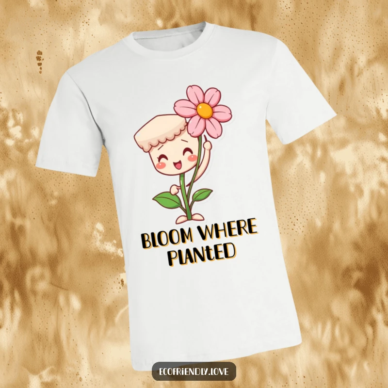 Funny t-shirt showcasing a proud seedling character triumphantly holding a fully bloomed flower. An ideal gift for achievers.