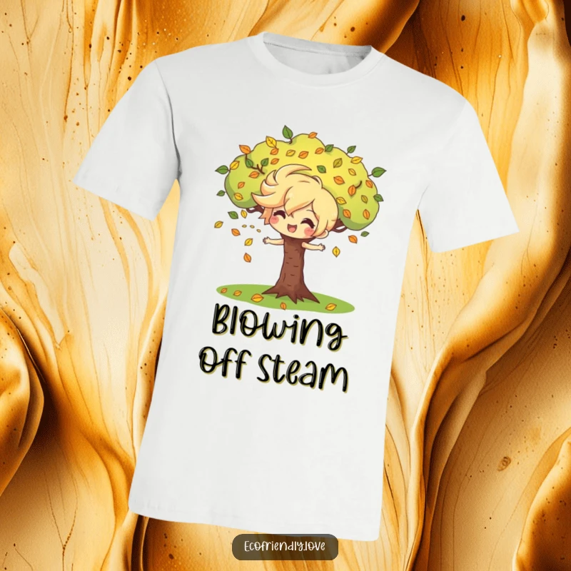 Funny t-shirt showcasing a playful wind character blowing leaves around a cheerful tree, capturing the essence of an active and vibrant autumn.