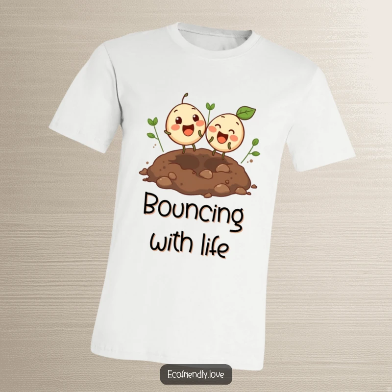 Funny t-shirt depicting two round, giggling seeds joyfully bouncing in an open soil patch, a humorous and energetic design.