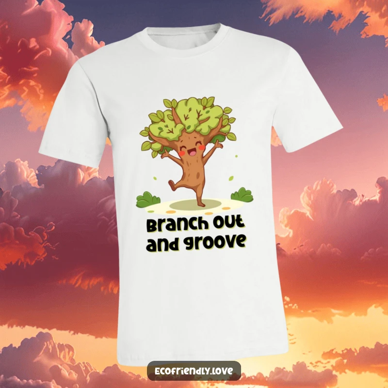 Funny tree character doing a joyful, energetic dance, printed on a t-shirt for a humorous and lively vibe.