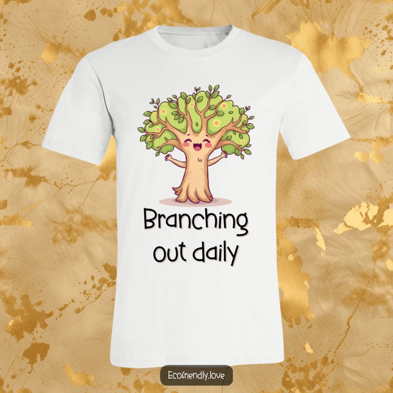 Funny t-shirt showcasing a happy tree character in a lively dance pose, branches swaying exuberantly, radiating infectious joy and good vibes.