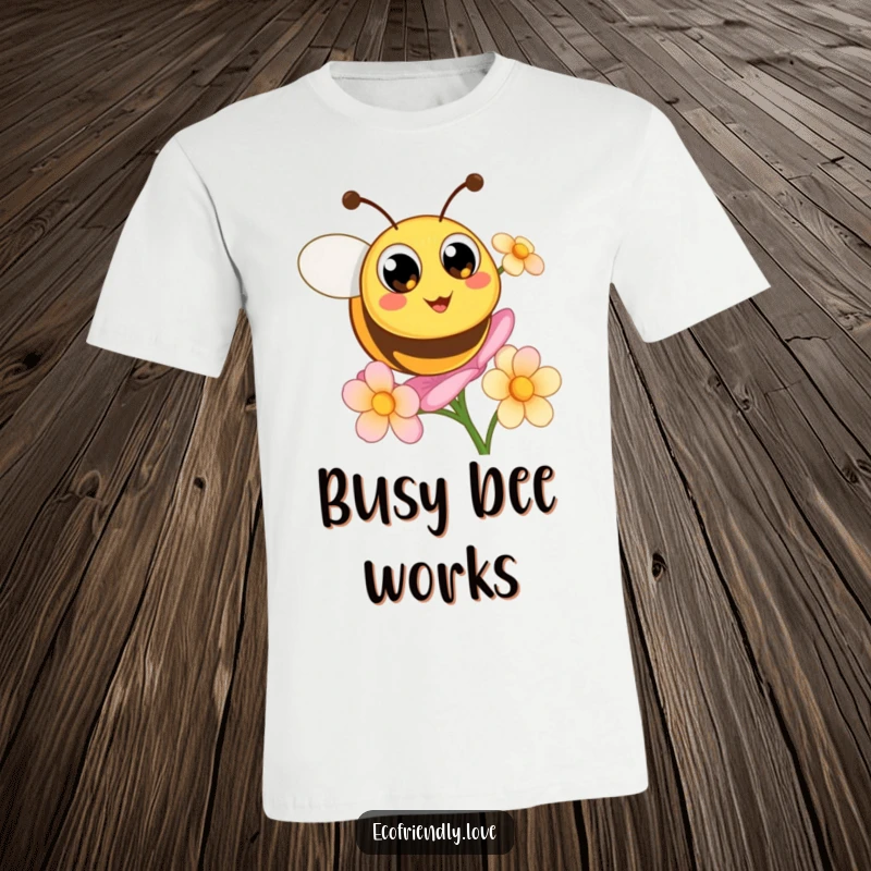 Funny T-shirt featuring a round, happy bee character with large eyes buzzing energetically around a colorful flower.