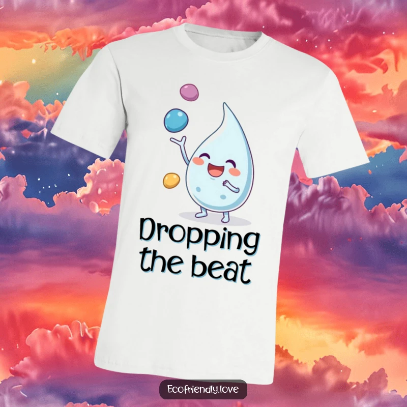 Funny t-shirt depicting a joyful water droplet character enthusiastically juggling three colorful pebbles.