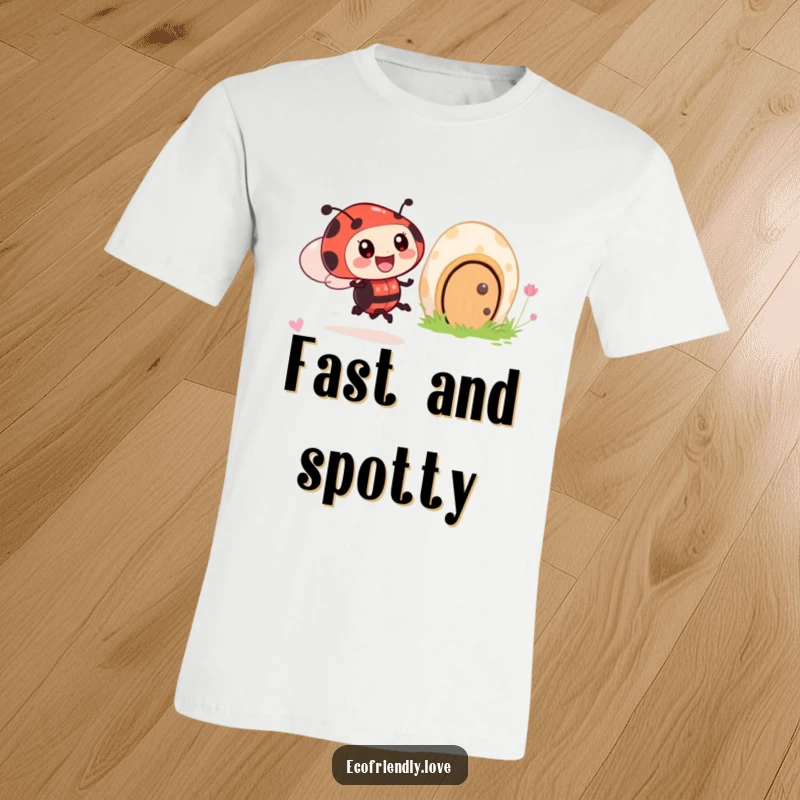 Funny t-shirt featuring an excited ladybug character in motion, passing by a smiling mushroom house in a charming illustration.