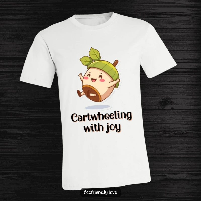 Funny t-shirt featuring a happy acorn character performing a cartwheel, sporting a leaf as a charming hat.
