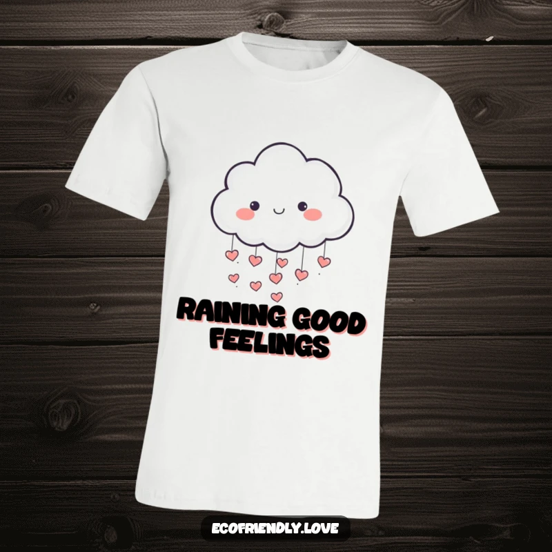Funny t-shirt showcasing a happy cloud character releasing a shower of small, red hearts, symbolizing love and affection.