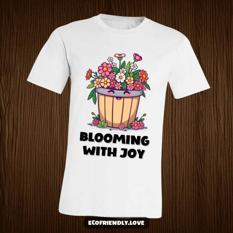 Funny t-shirt showcasing a cheerful compost bin character comically overflowing with smiling flowers, representing sustainable joy and humor.