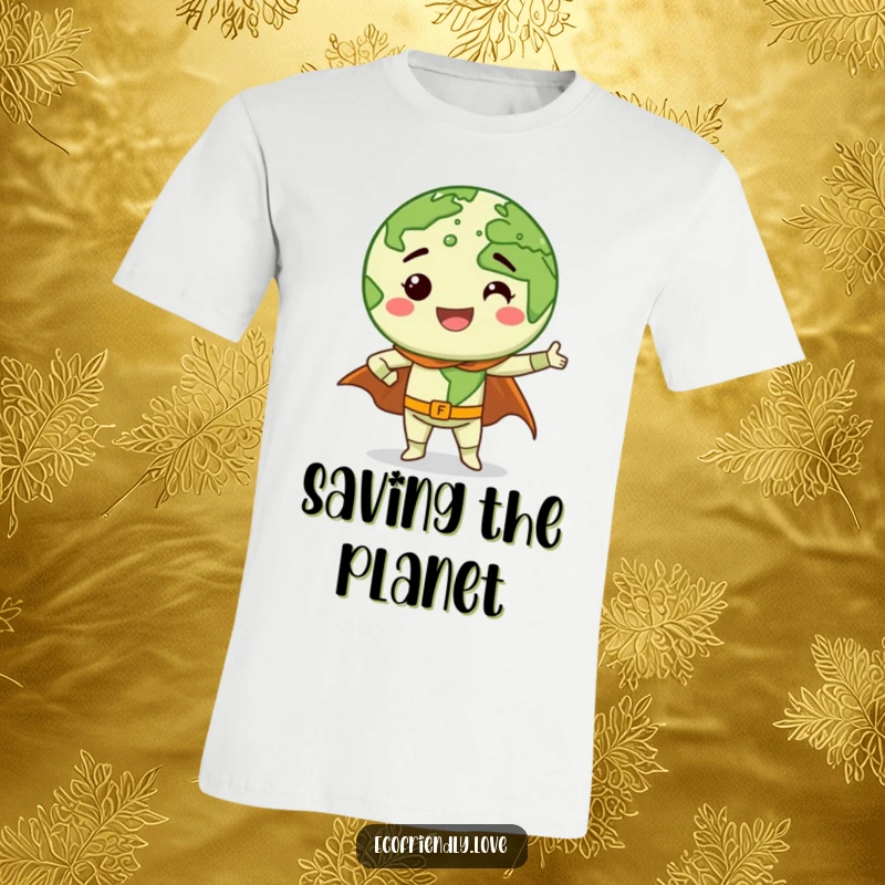 Funny Earth character with a big smile striking a superhero pose, cape flowing, ready to save the day, printed on a funny t-shirt.