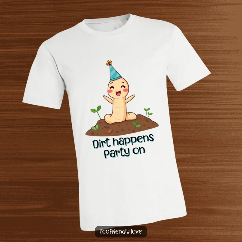 Funny T-Shirt depicting a cheerful earthworm in a party hat, comically popping out of the ground, signaling fun times.