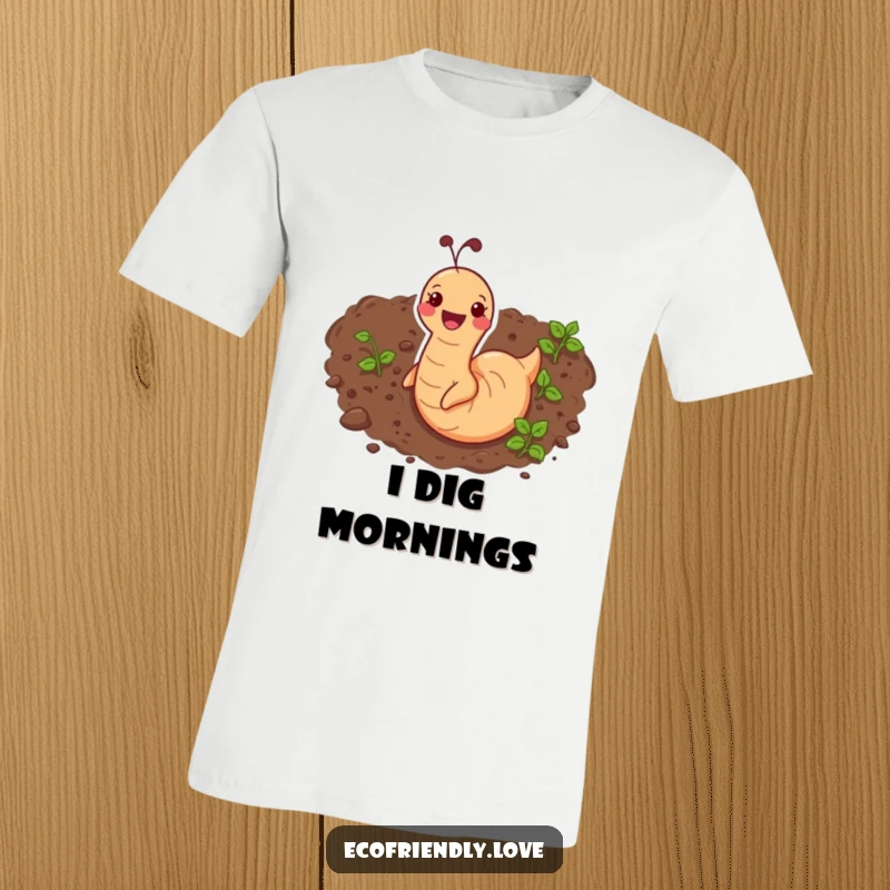 Funny t-shirt showcasing a happy earthworm character wiggling joyfully through soil, a celebration of underground life.