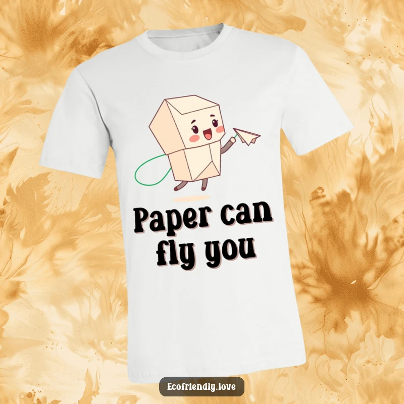 Funny cute recycled paper character launching a paper airplane leaving a green trail, on a t-shirt, promoting eco-fun.