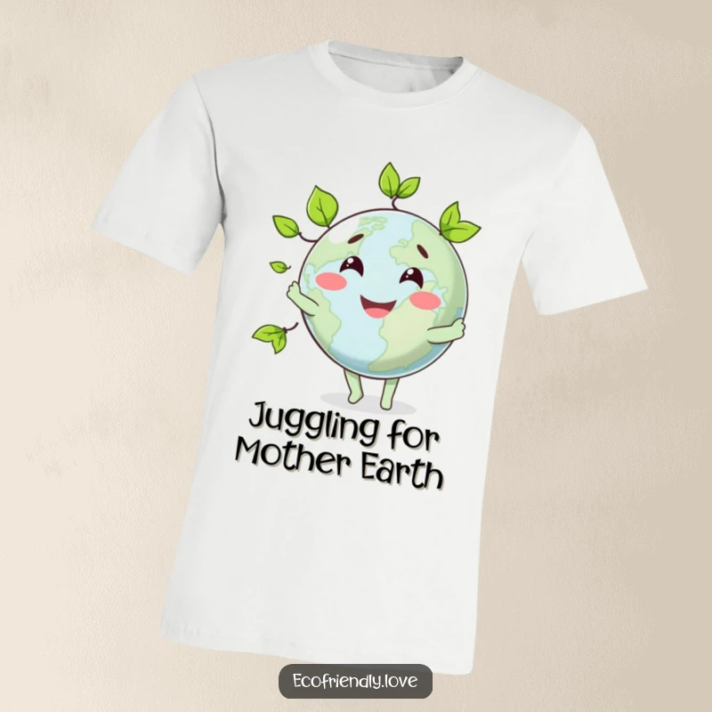 Funny T-shirt featuring a jovial globe character expertly juggling bright green leaves, symbolizing a fun approach to environmentalism.