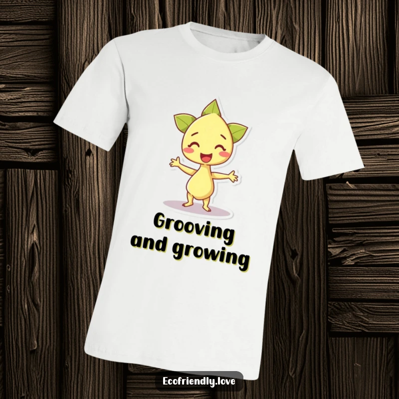 Funny t-shirt featuring a happy sprout character doing an excited dance, symbolizing growth, joy, and infectious positive energy.