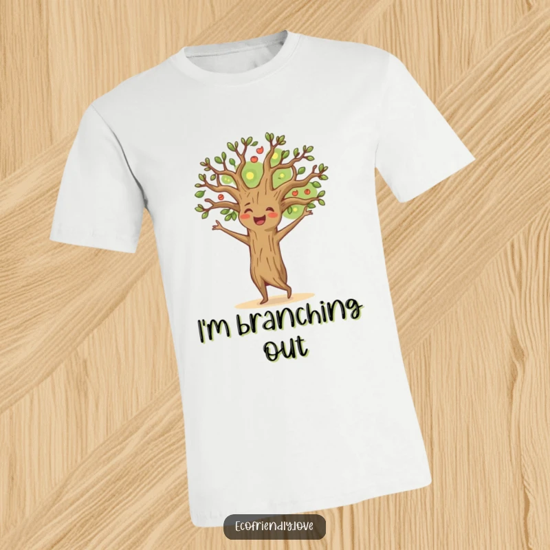 Funny happy tree t-shirt depicting a cheerful character dancing with branches outstretched, celebrating nature's joy and movement.