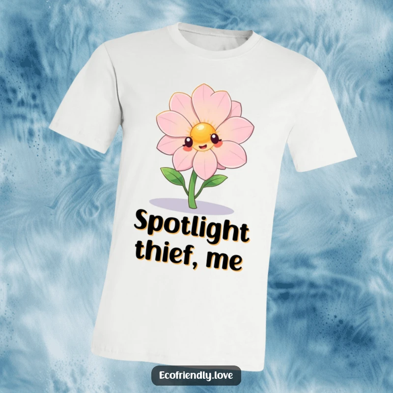 Funny kawaii flower dramatically posing under a spotlight on a t-shirt, perfect for a humorous star.