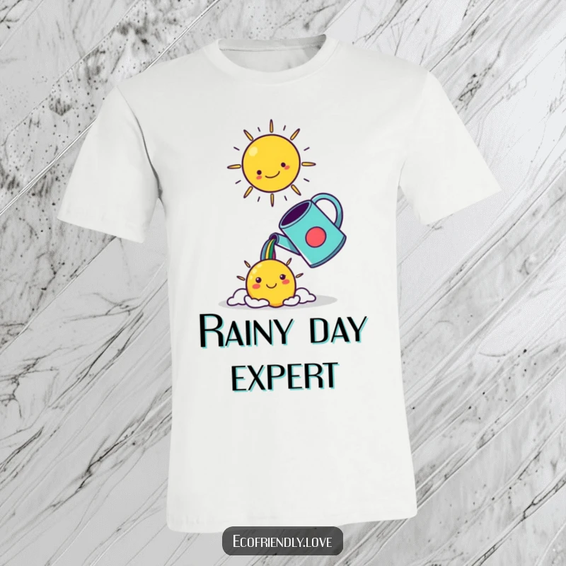 Funny kawaii watering can pouring a rainbow into a smiling sun, depicted on a super soft and comfortable t-shirt.