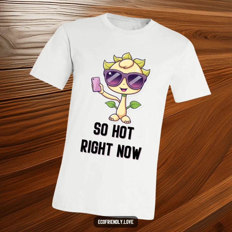 Funny Kawaii Sprout T-Shirt: A cute sprout character wearing oversized sunglasses, humorously taking a selfie for social media.