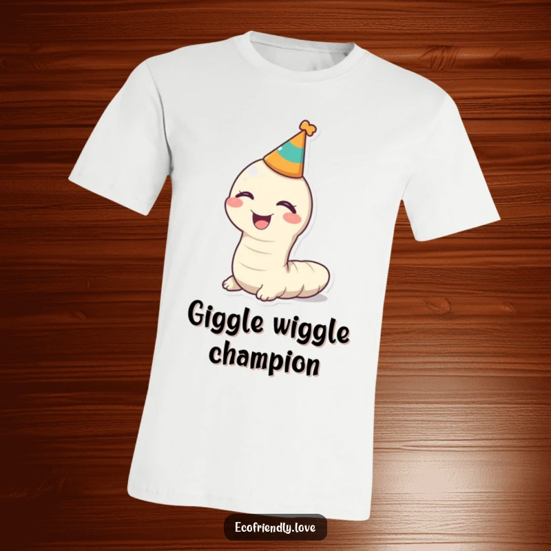 Funny kawaii worm wearing a party hat, giggling on a t-shirt, ideal for a humorous and cheerful look.